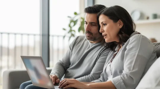 Couple trentenaire analysant une offre d'assurance emprunteur sur ordinateur