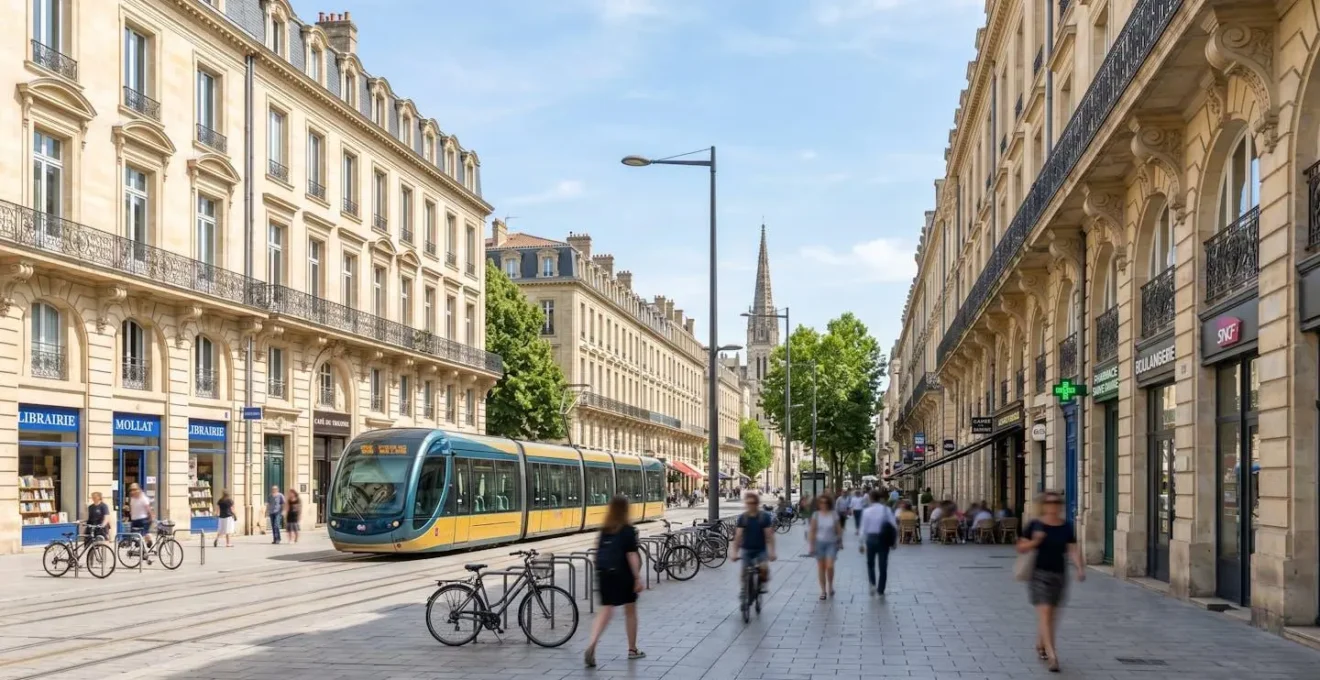 Façades d'immeubles en pierre de taille typiques du centre de Bordeaux sous une lumière naturelle
