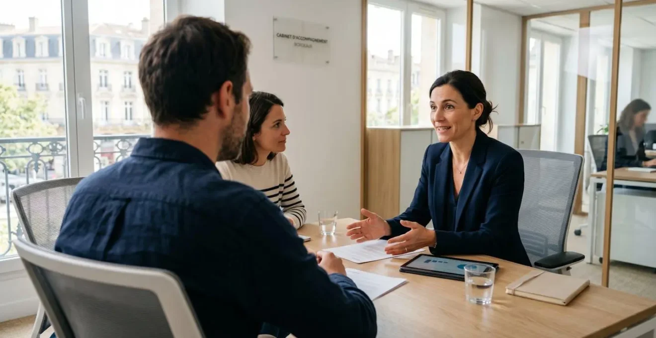 Un couple vu de dos consulte des documents avec un conseiller dans un bureau lumineux à Bordeaux
