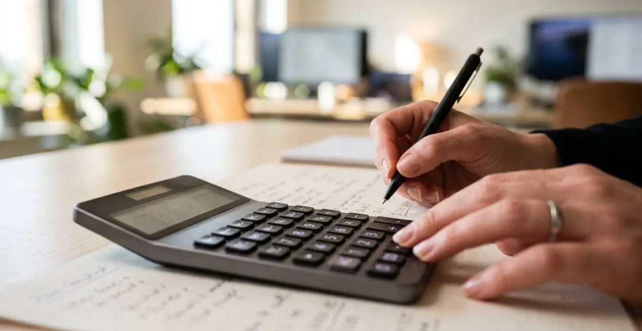 Gros plan sur des mains effectuant des calculs avec une calculatrice et des documents financiers sur un bureau moderne