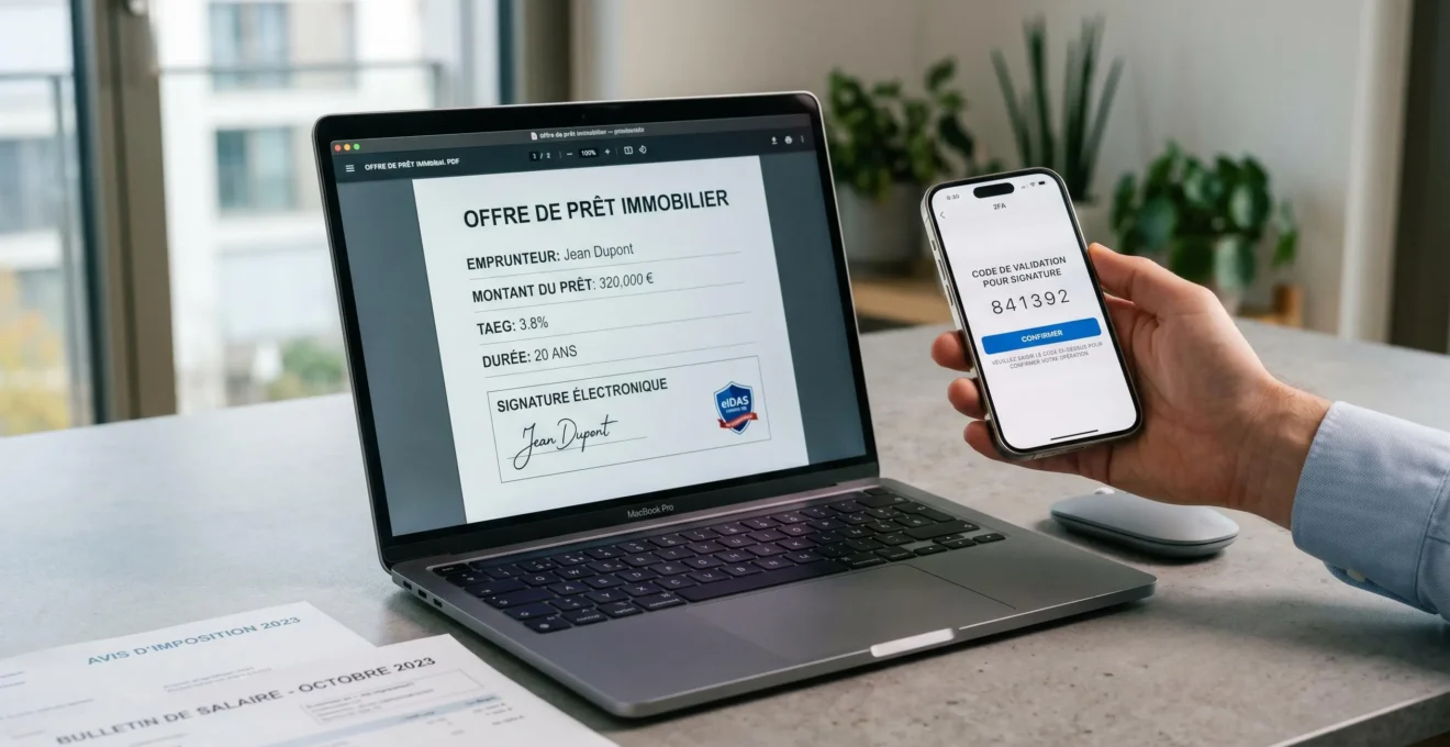 Écran d'ordinateur portable affichant un document PDF d'offre de prêt immobilier en français avec zone de signature électronique, accompagné d'un smartphone montrant un code de validation à deux facteurs