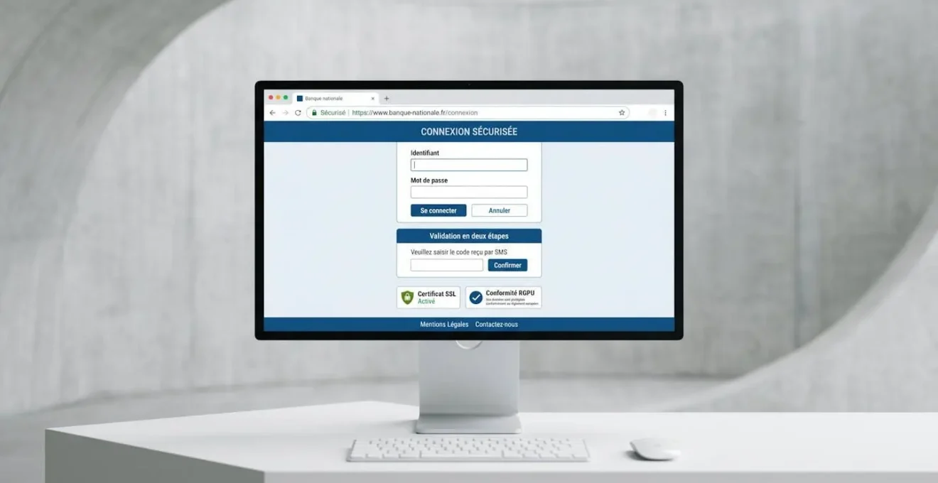 Écran d'ordinateur affichant une page de connexion sécurisée bancaire en français avec indicateur HTTPS, badge SSL et notice de conformité RGPD clairement visibles