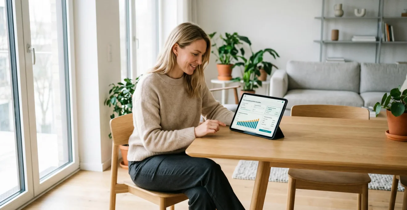 Femme utilisant une tablette affichant une interface de simulation de crédit immobilier en français, assise à une table dans un salon contemporain lumineux avec grandes fenêtres
