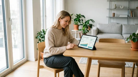 Femme utilisant une tablette affichant une interface de simulation de crédit immobilier en français, assise à une table dans un salon contemporain lumineux avec grandes fenêtres
